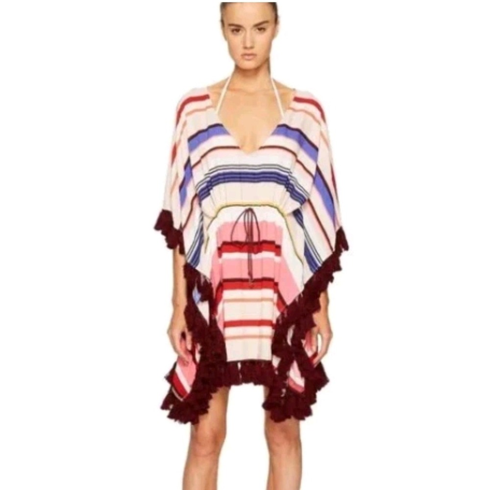Kate Spade NY Women Swim Cover Up Kaftan Medium Striped Tassel Trim beach travel
